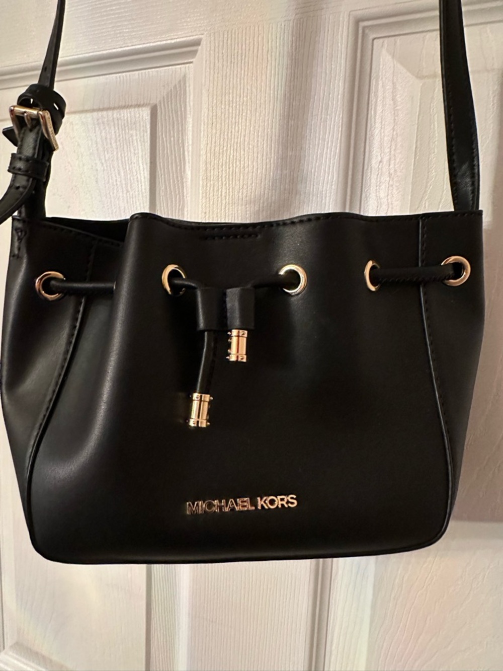 Michael Kors Black Phoebe Small Bucket Bag with Gold Accents